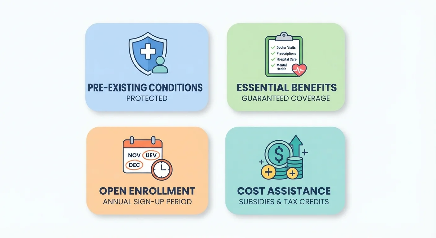 Four icons illustrating key ACA protections including coverage guarantees and cost assistance