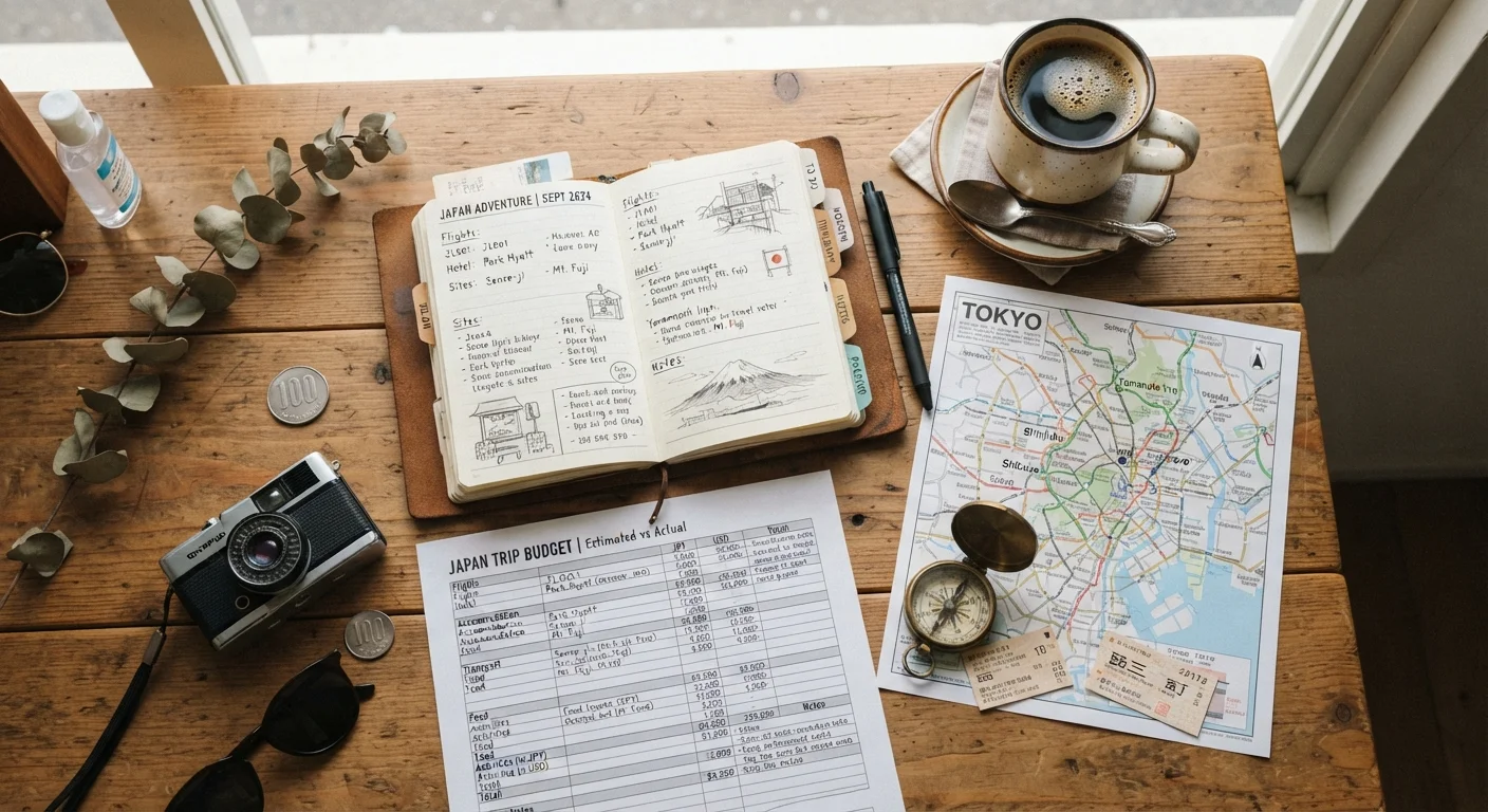 Flat lay of a travel planning notebook, printed map, and budget spreadsheet on a wooden table