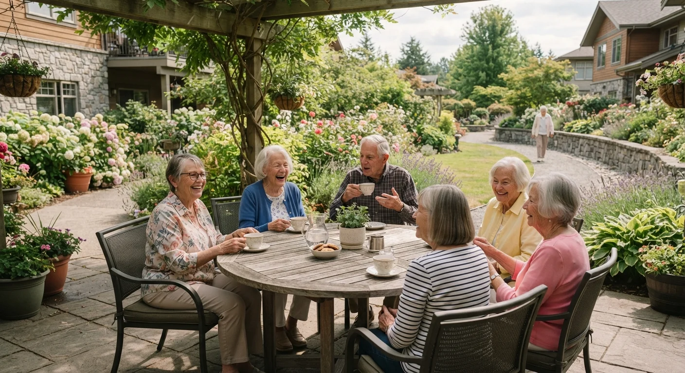 Older adults gathered at an outdoor table in a senior living community courtyard surrounded by greenery