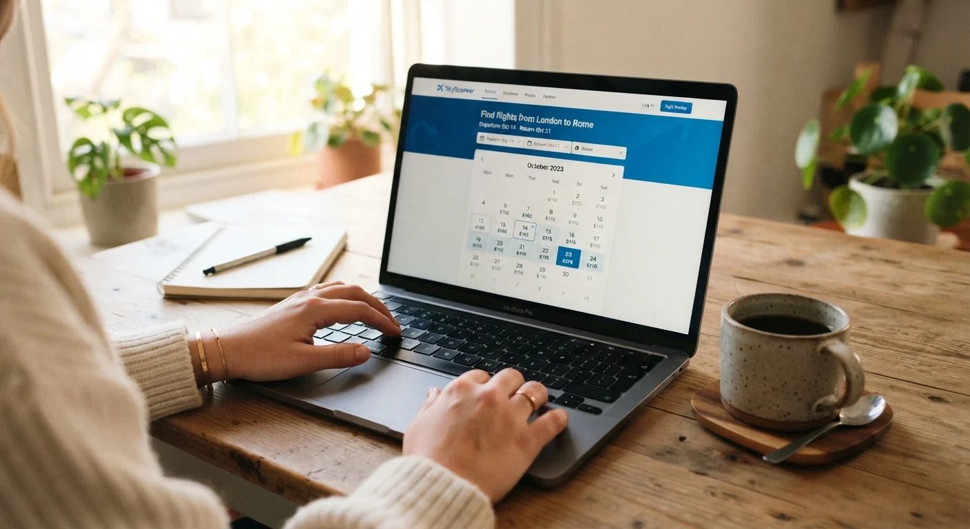 Person searching for flight prices on a laptop using a calendar date picker interface