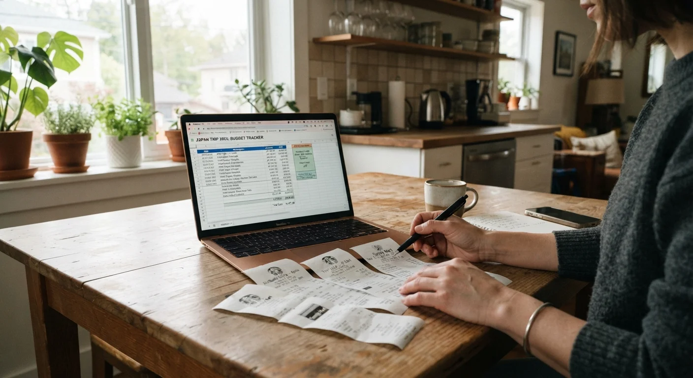 Person reviewing travel cost documents and a laptop screen showing hotel and flight prices