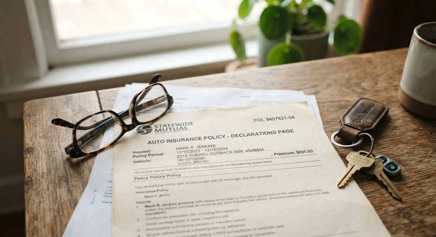 Auto insurance policy document on a table next to car keys and reading glasses