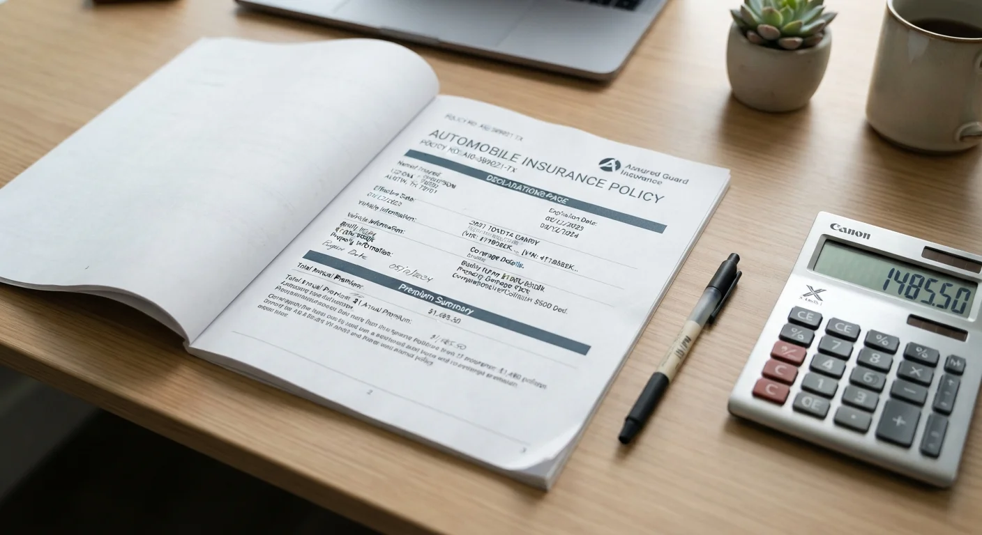 Auto insurance policy document on a desk alongside a calculator and pen for reviewing premium costs