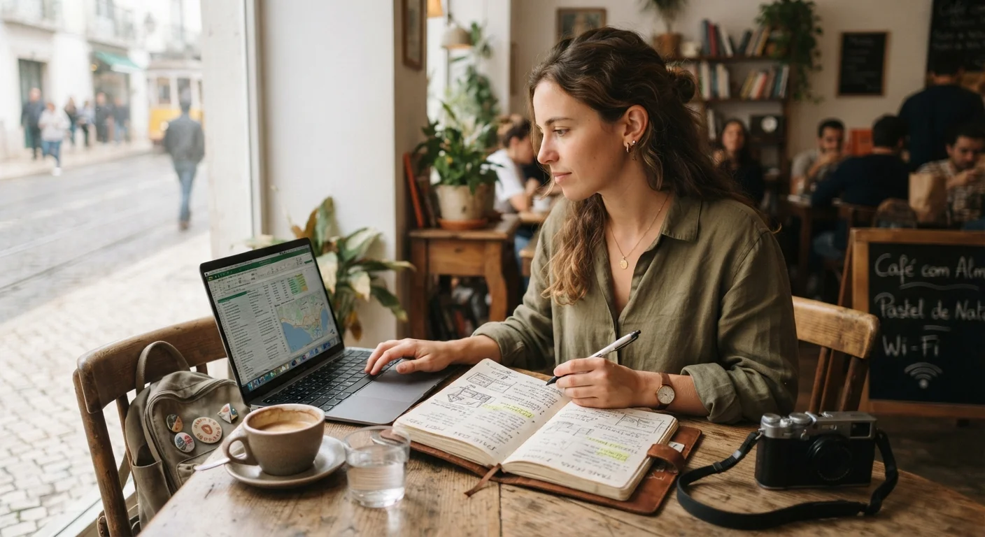 A traveler planning a trip on a laptop at a small cafe table with a notebook nearby