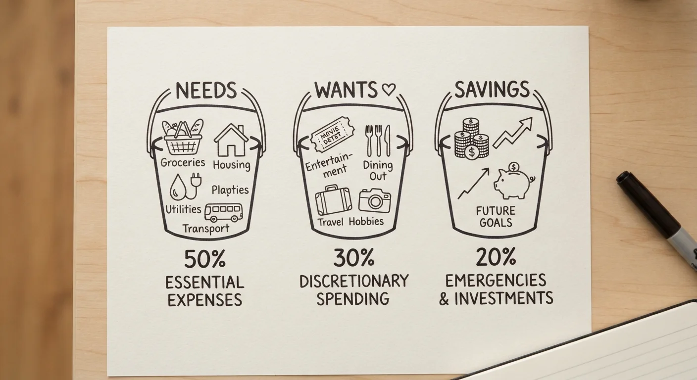 Hand-drawn diagram showing three budget buckets labeled needs, wants, and savings