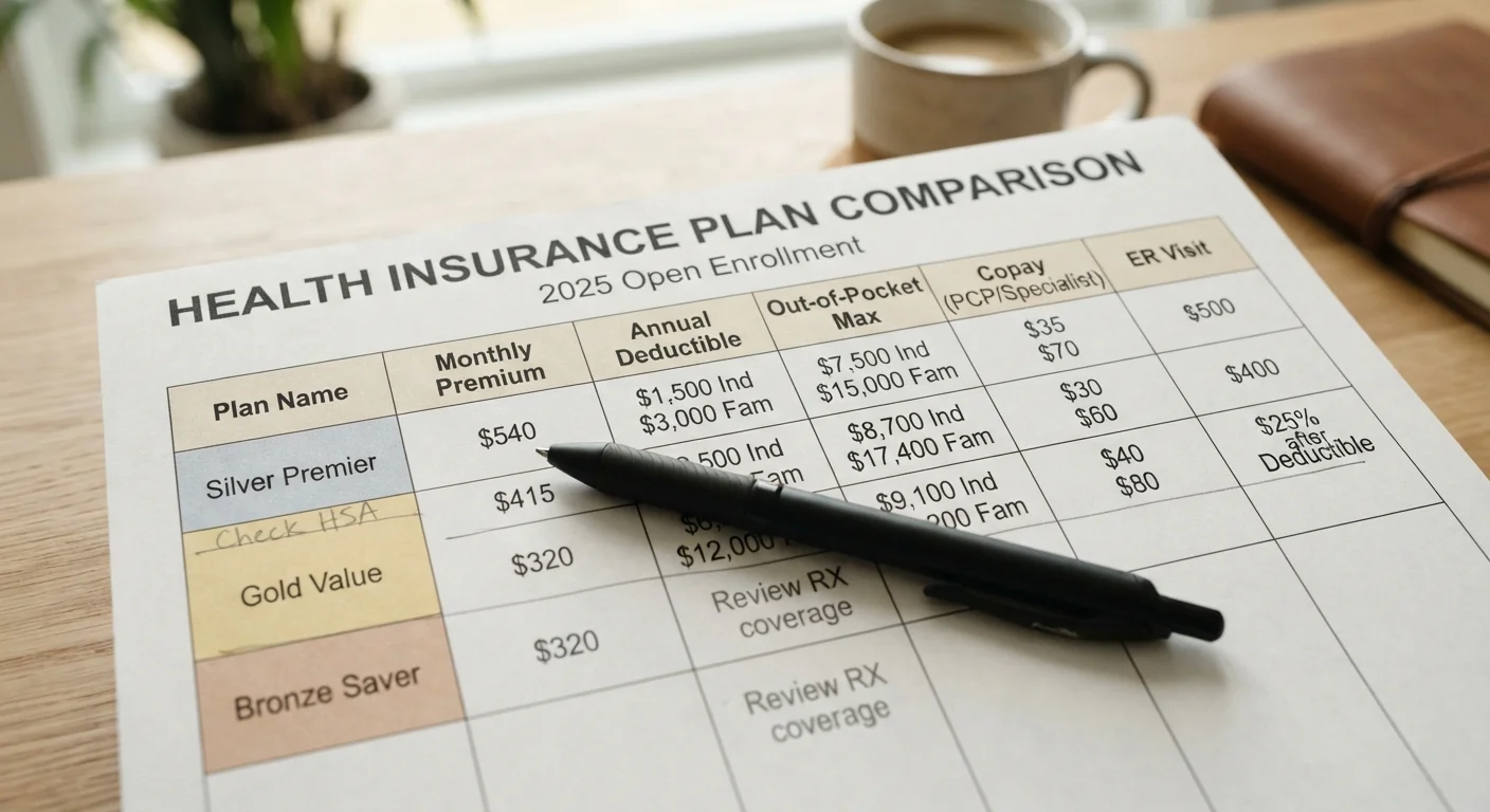 Health insurance comparison worksheet showing columns for premium, deductible, and out-of-pocket maximum