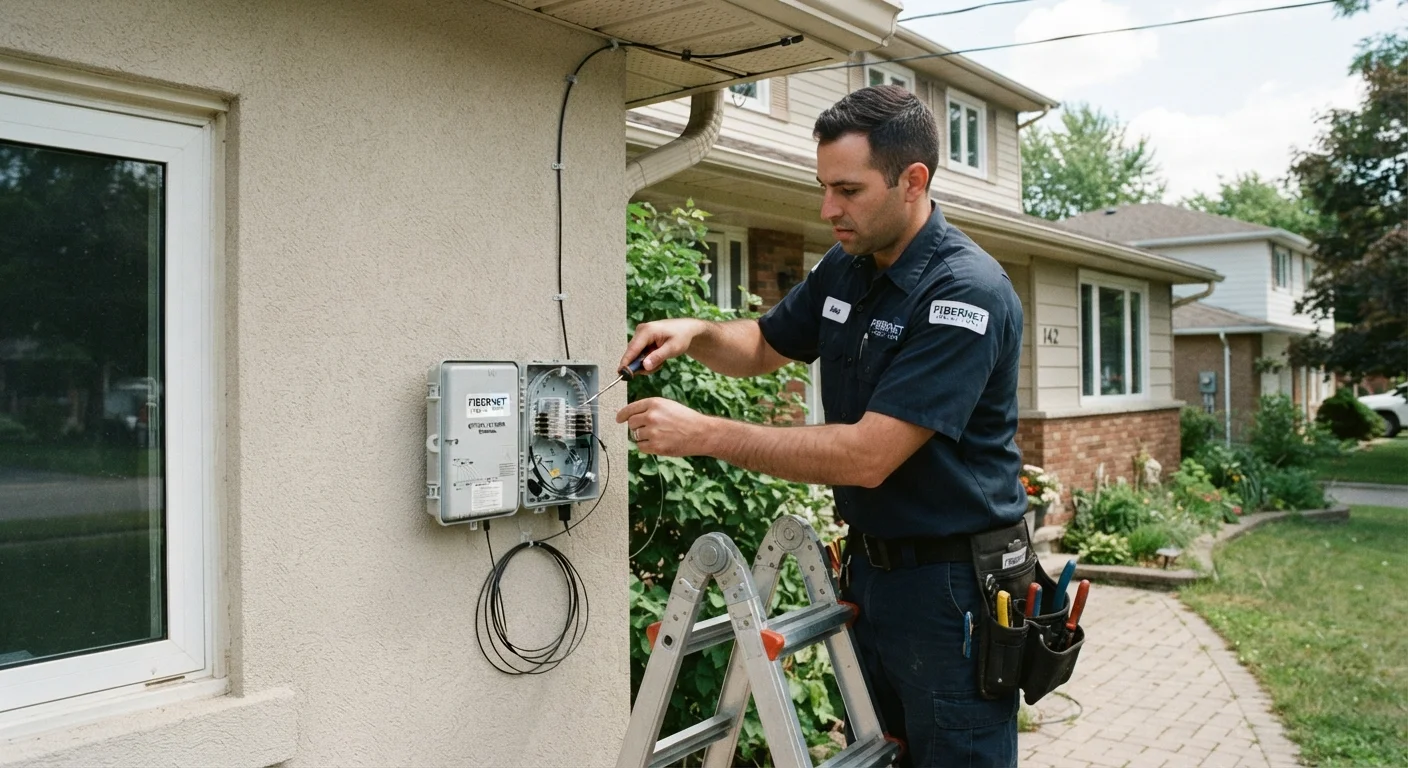 A technician installing a fiber optic connection on the outside wall of a house.