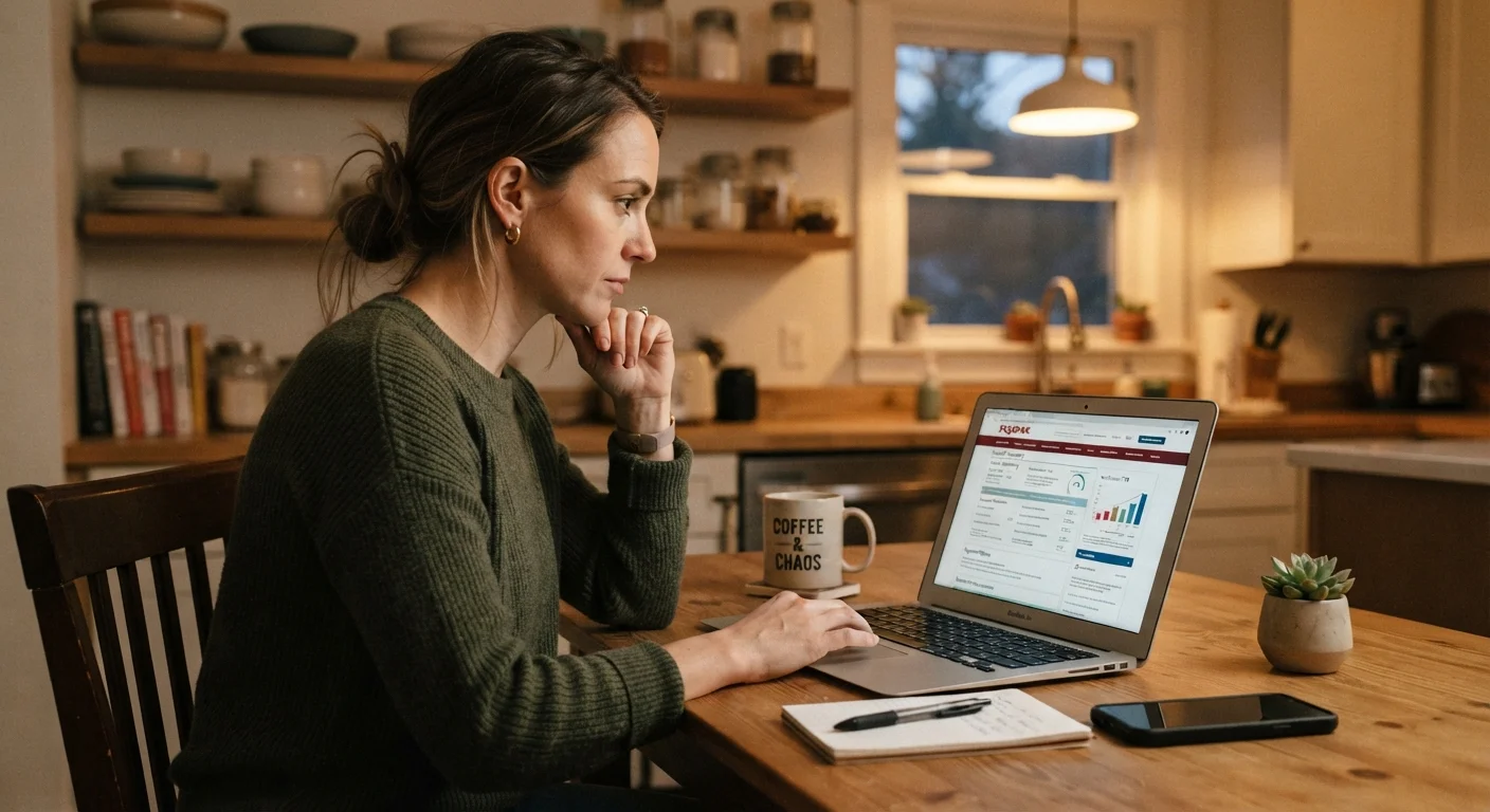 Person carefully reviewing their credit report on a laptop at home
