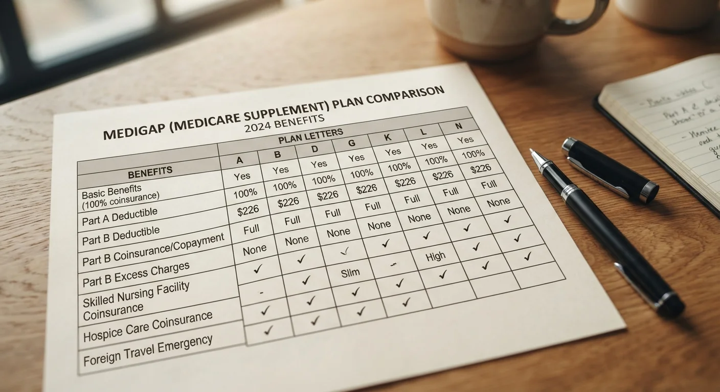 A printed Medigap plan comparison chart with a pen resting on a desk.