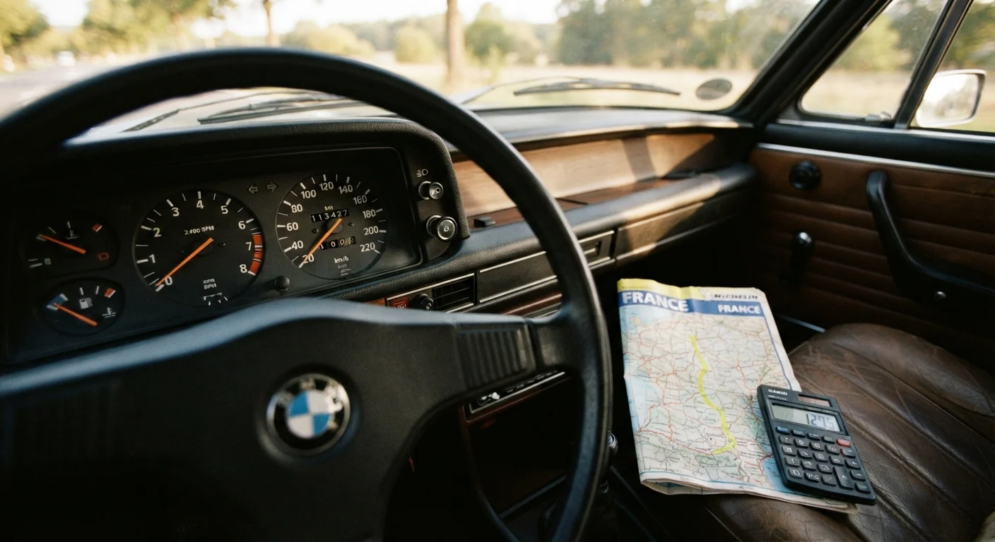 Car dashboard with speedometer and odometer alongside a road map and calculator