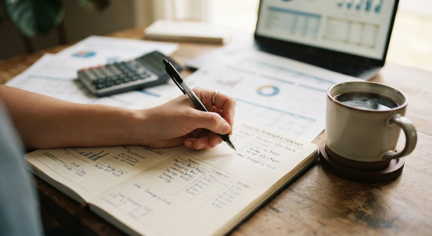 Hand writing in a financial planning notebook next to financial statements and coffee