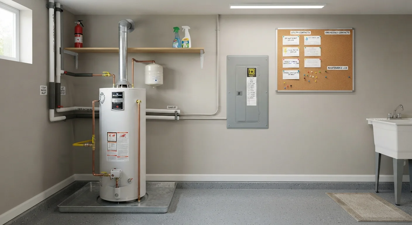 Home utility room with water heater, electrical panel, and organized service contact information on a corkboard