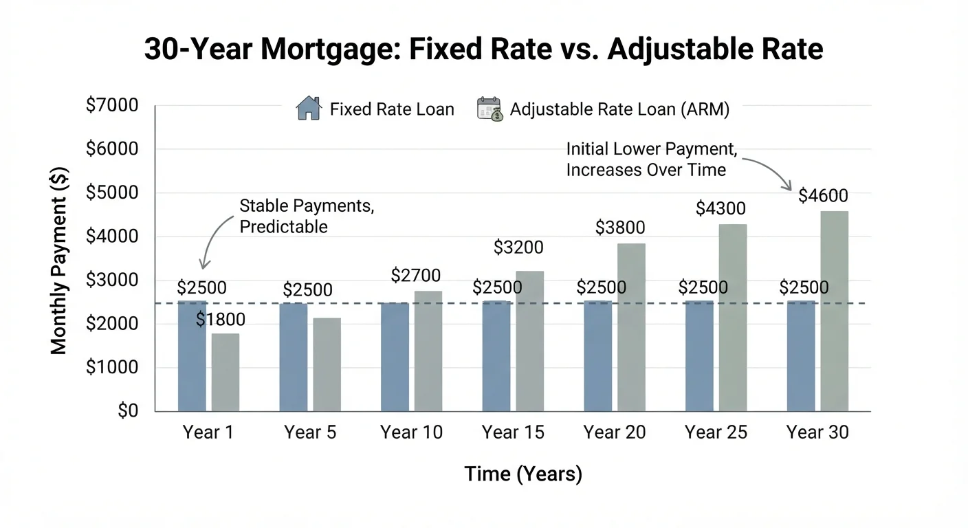 Bar chart illustrating how fixed and adjustable mortgage payments compare over a 30-year loan period