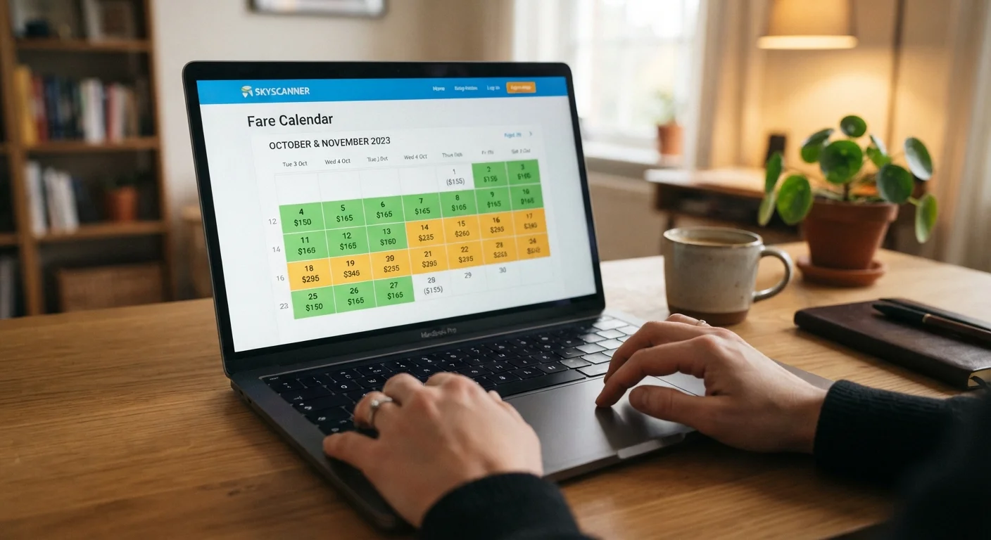 Hands scrolling through a color-coded flight fare calendar on a laptop screen at a desk