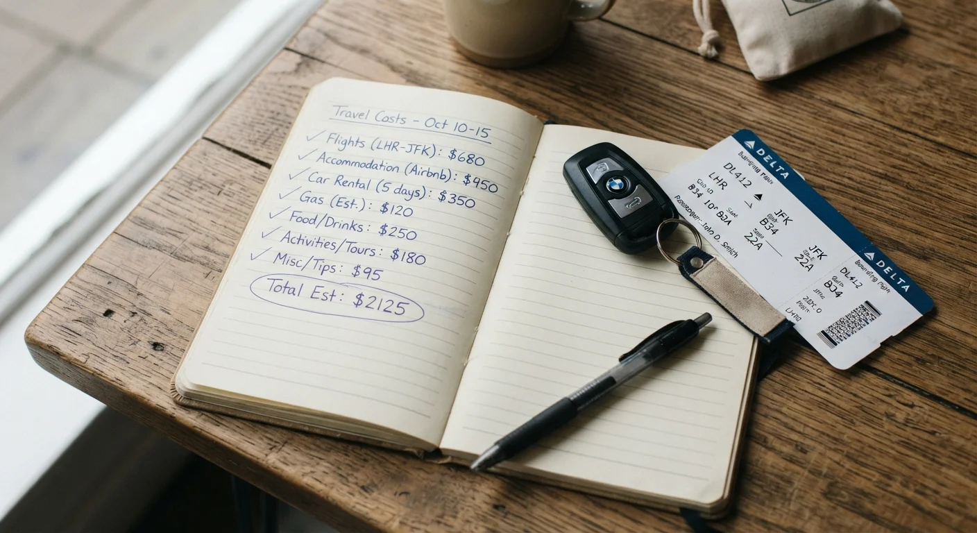 Handwritten travel cost calculations beside a car key and an airline boarding pass on a table
