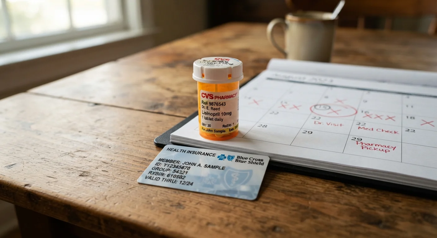 Health insurance card, prescription bottle, and calendar showing enrollment deadlines on a table