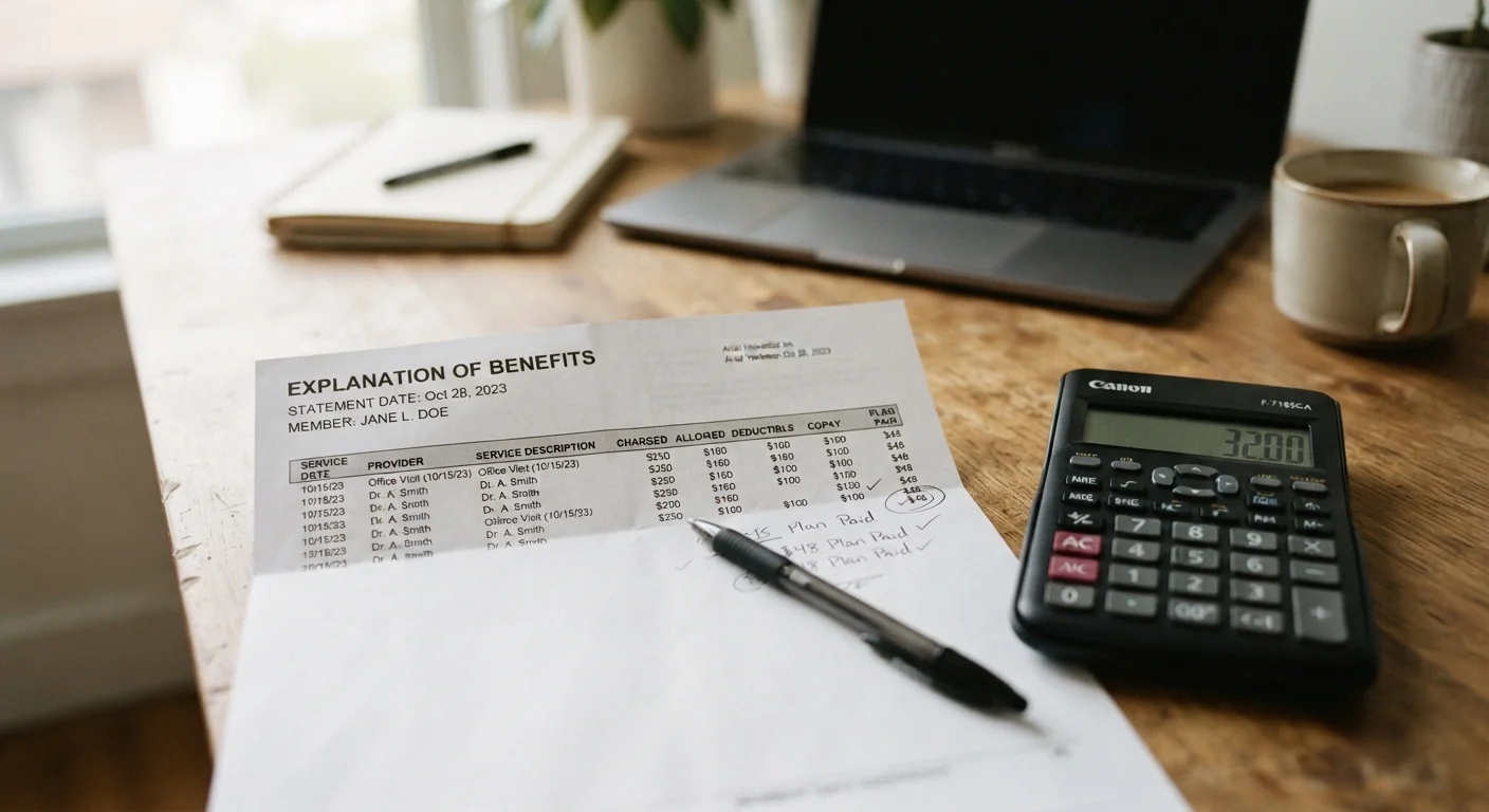 Health insurance explanation of benefits document beside a calculator on a desk