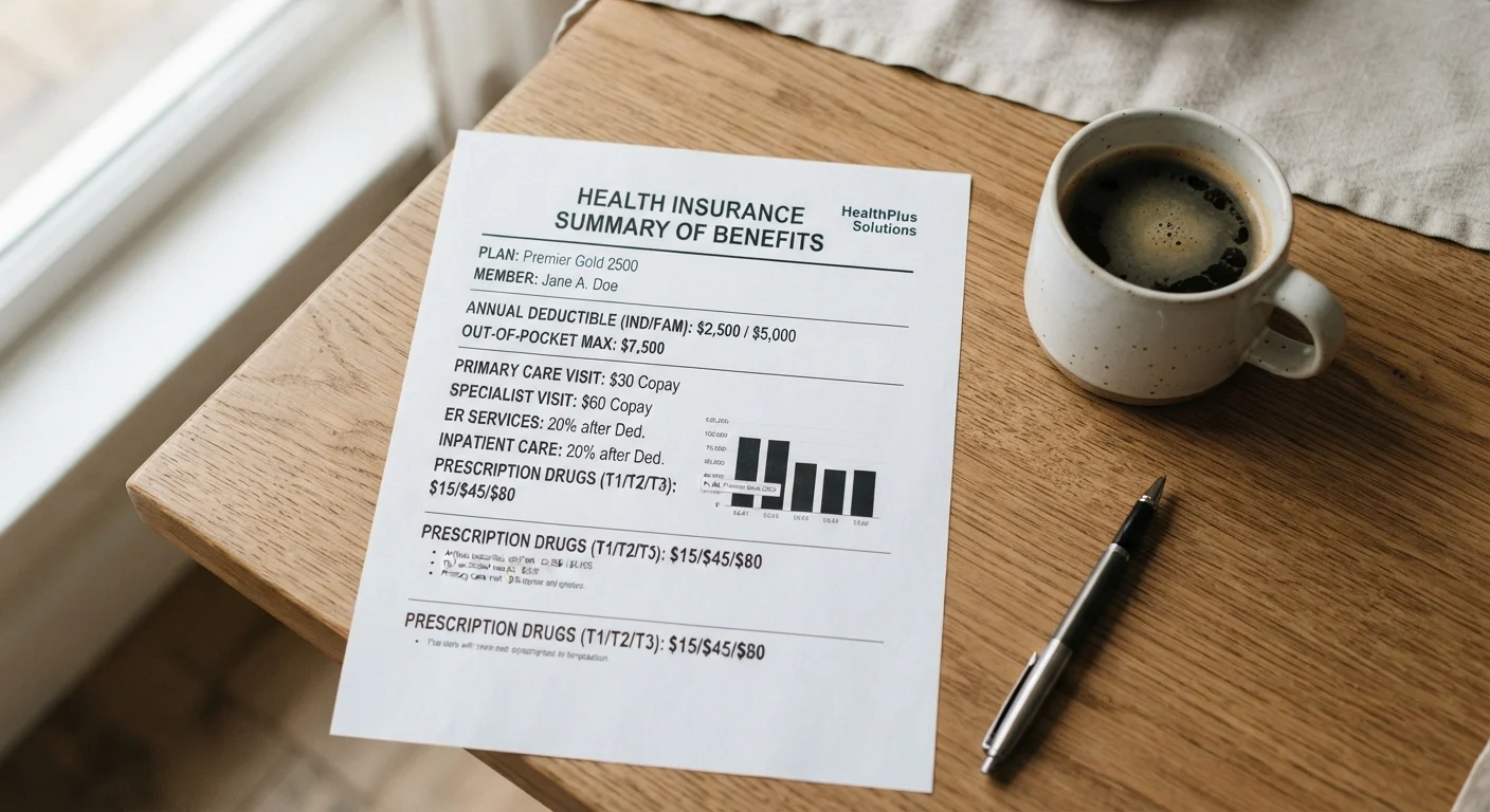 Health insurance summary of benefits document on a table beside a pen and coffee mug