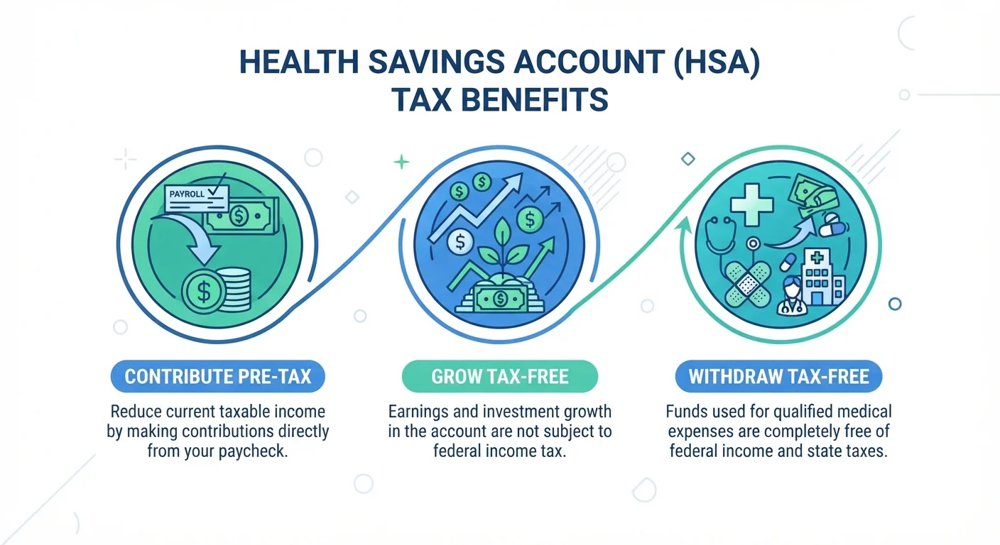 Diagram illustrating the three-part tax advantage of a Health Savings Account