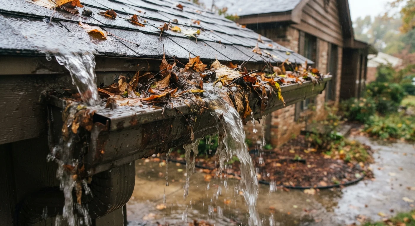 Clogged gutters overflowing with leaves and debris on a residential home during autumn