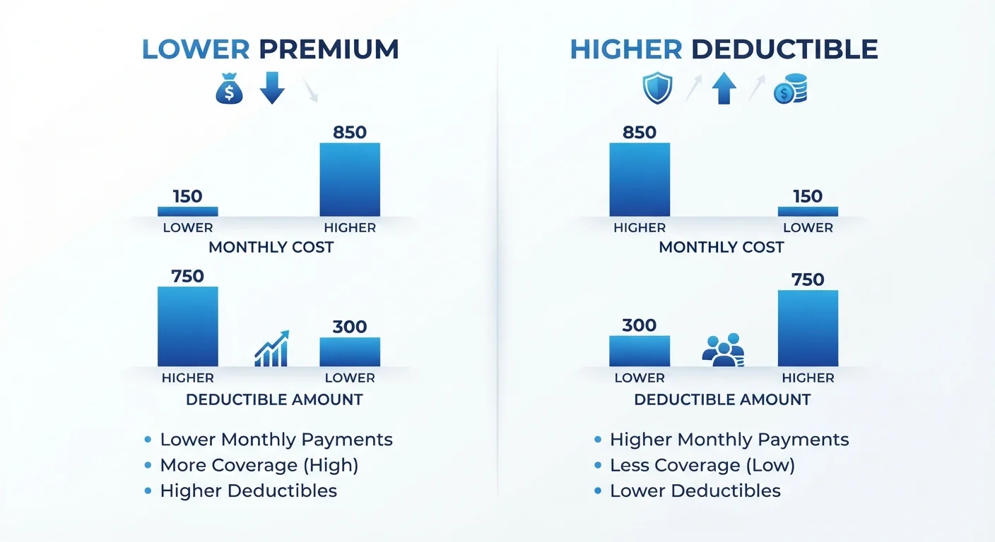 Infographic comparing lower premiums and higher deductibles in a high-deductible health plan