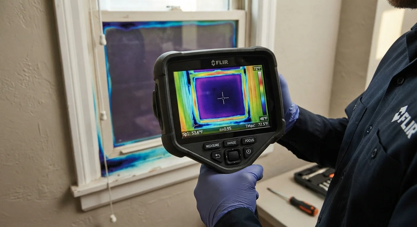 Infrared camera screen showing thermal heat loss in blue around a residential window frame