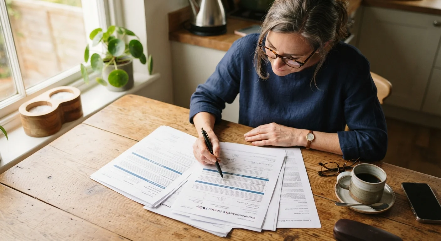 Person reading an auto insurance policy document at a kitchen table with coffee nearby