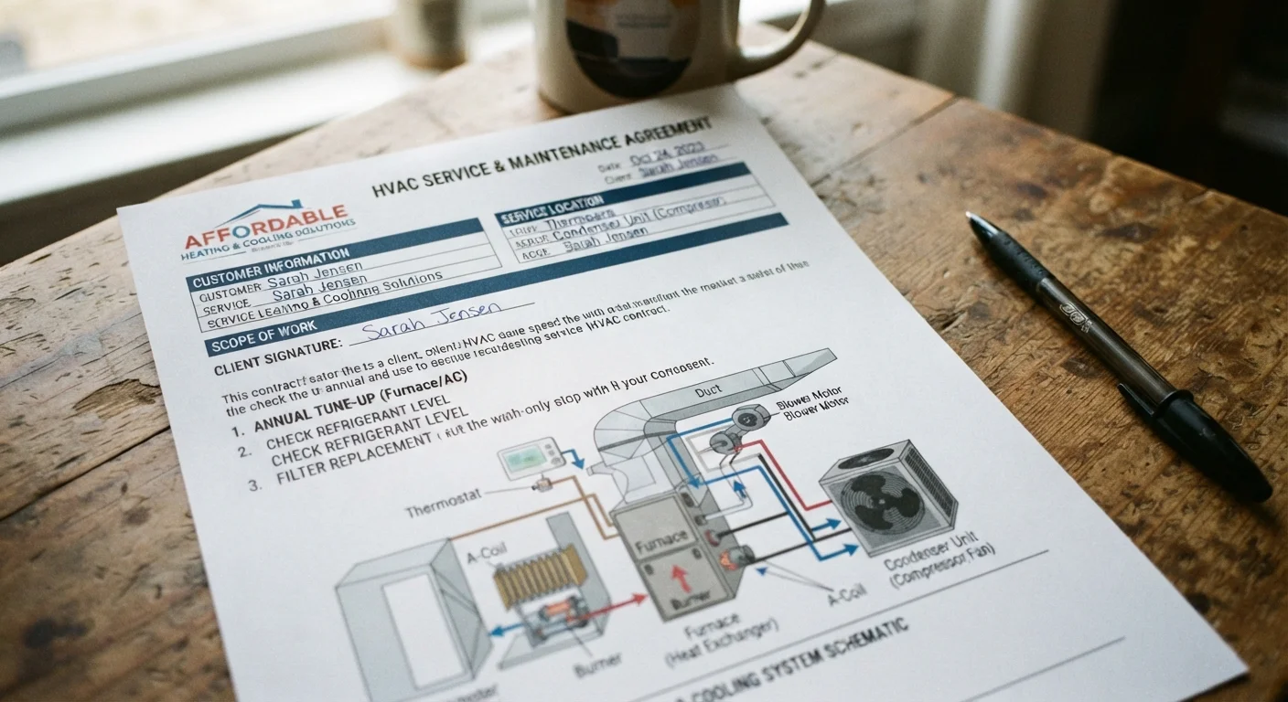 Printed HVAC service plan contract on a table with a pen ready to sign