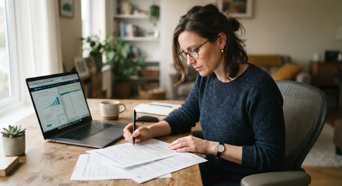 Person reviewing auto insurance policy documents and a laptop at a home desk