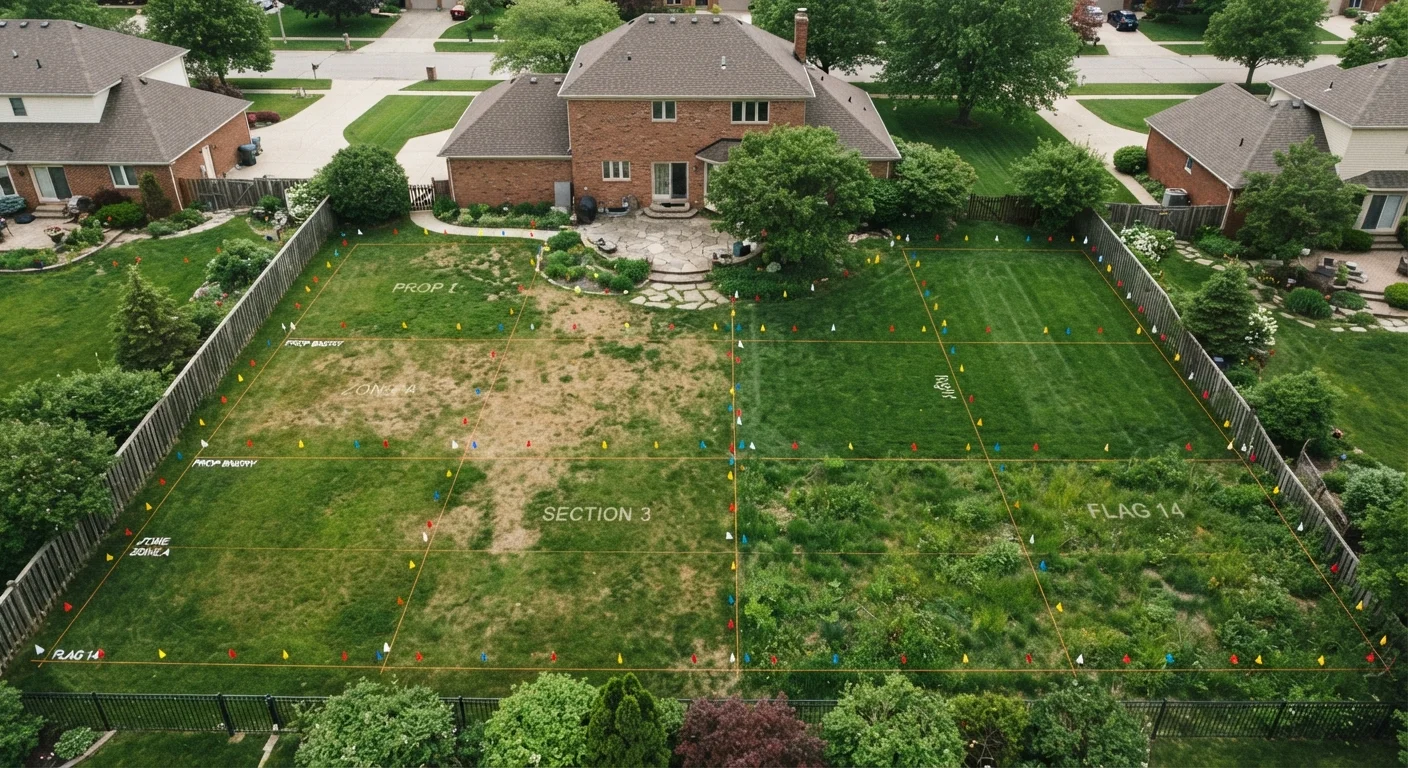 Aerial view of a suburban lawn with property boundary flags showing different maintenance zones