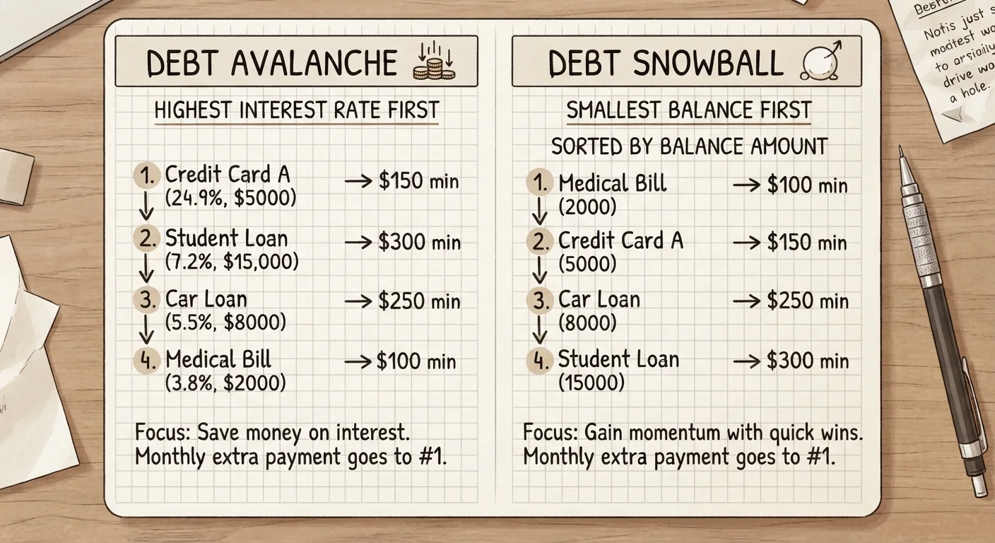 Side-by-side comparison of avalanche and snowball debt payoff methods written on graph paper