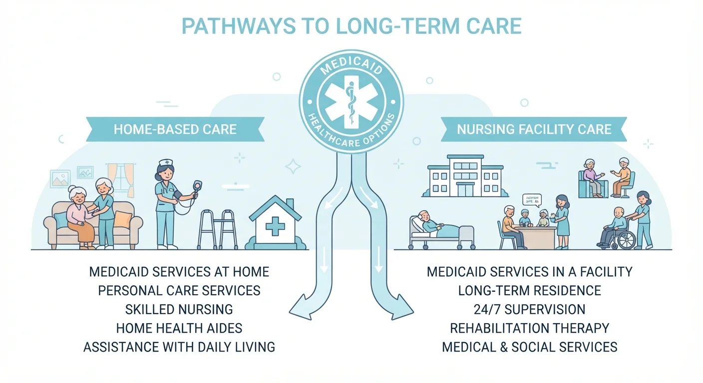 Illustration showing Medicaid covering two care pathways: home-based services and nursing facility care