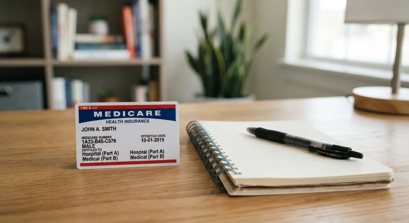 A Medicare card placed beside a notepad and pen ready for notes on coverage details