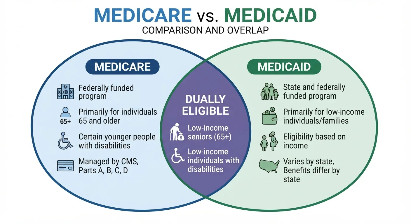 Venn diagram showing Medicare and Medicaid as separate programs with a small overlap for dual eligible beneficiaries
