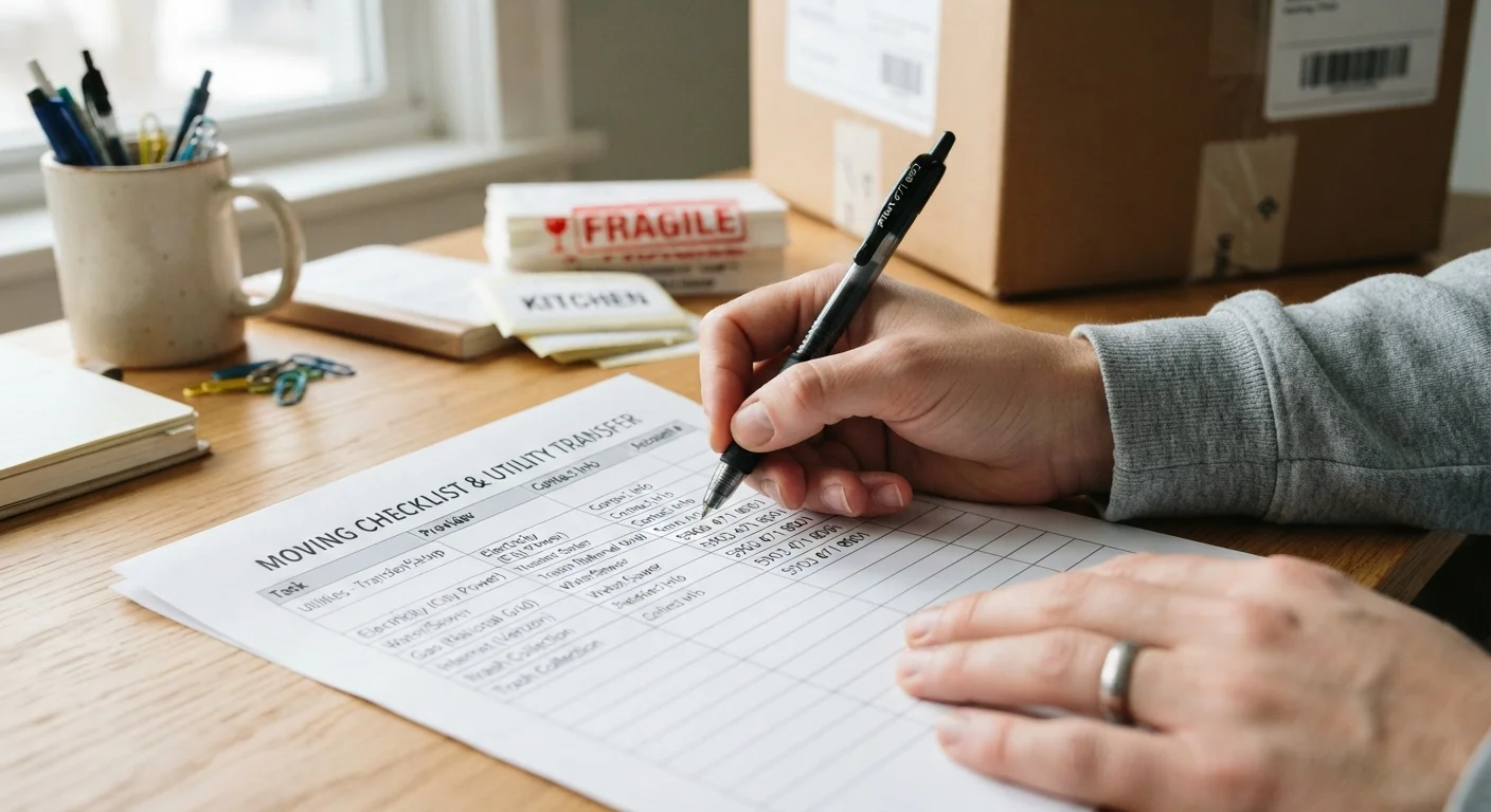 Person writing utility account numbers onto a moving checklist at a home desk