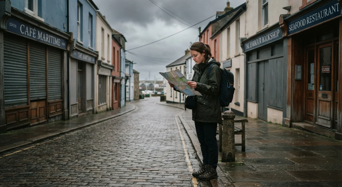 A traveler checking a map on a quiet off-season coastal street with some shops closed