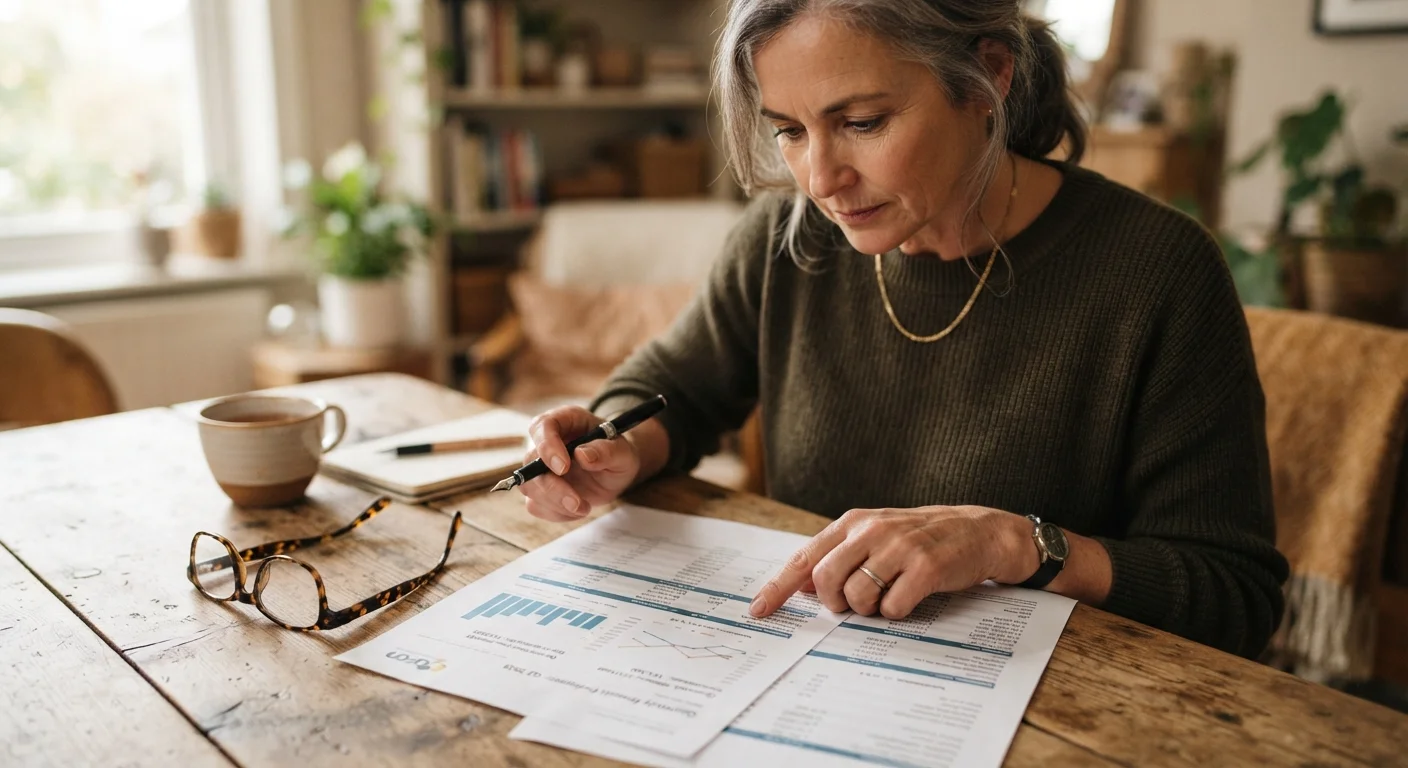 Person carefully reviewing a printed financial document with charts and interest rate figures
