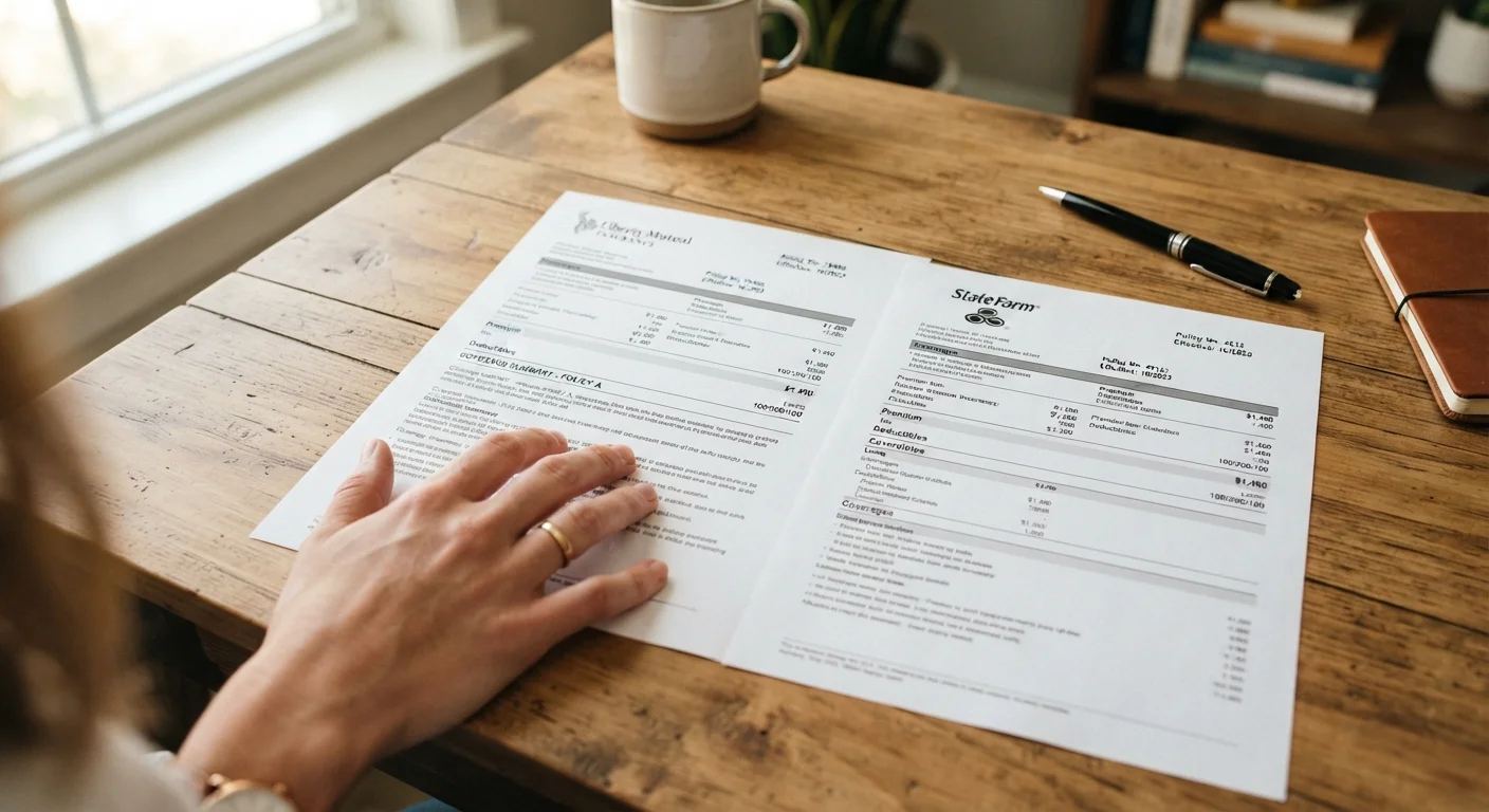 Person comparing two auto insurance policy documents side by side on a desk