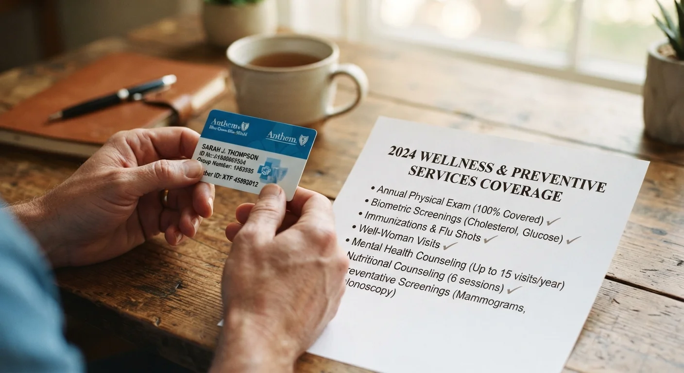 A health insurance card placed beside a printed list of covered preventive services on a desk