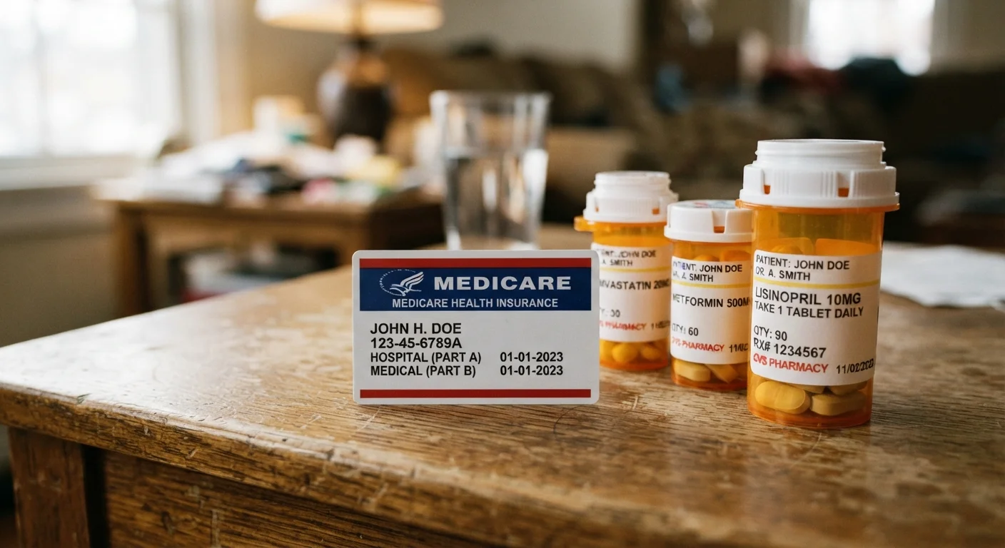 A Medicare card placed next to prescription medication bottles on a wooden table