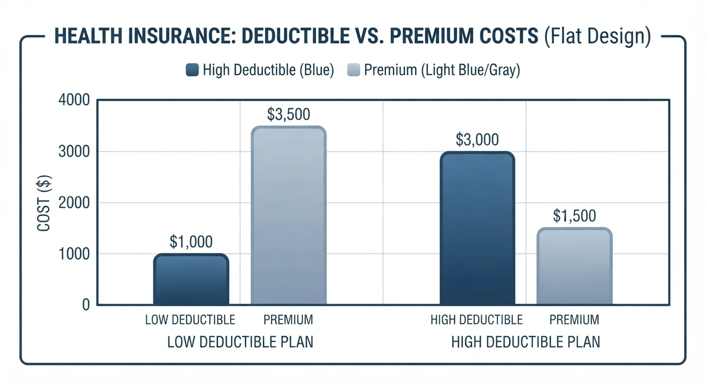 A flat design bar chart comparing deductible amounts and corresponding auto insurance premium costs