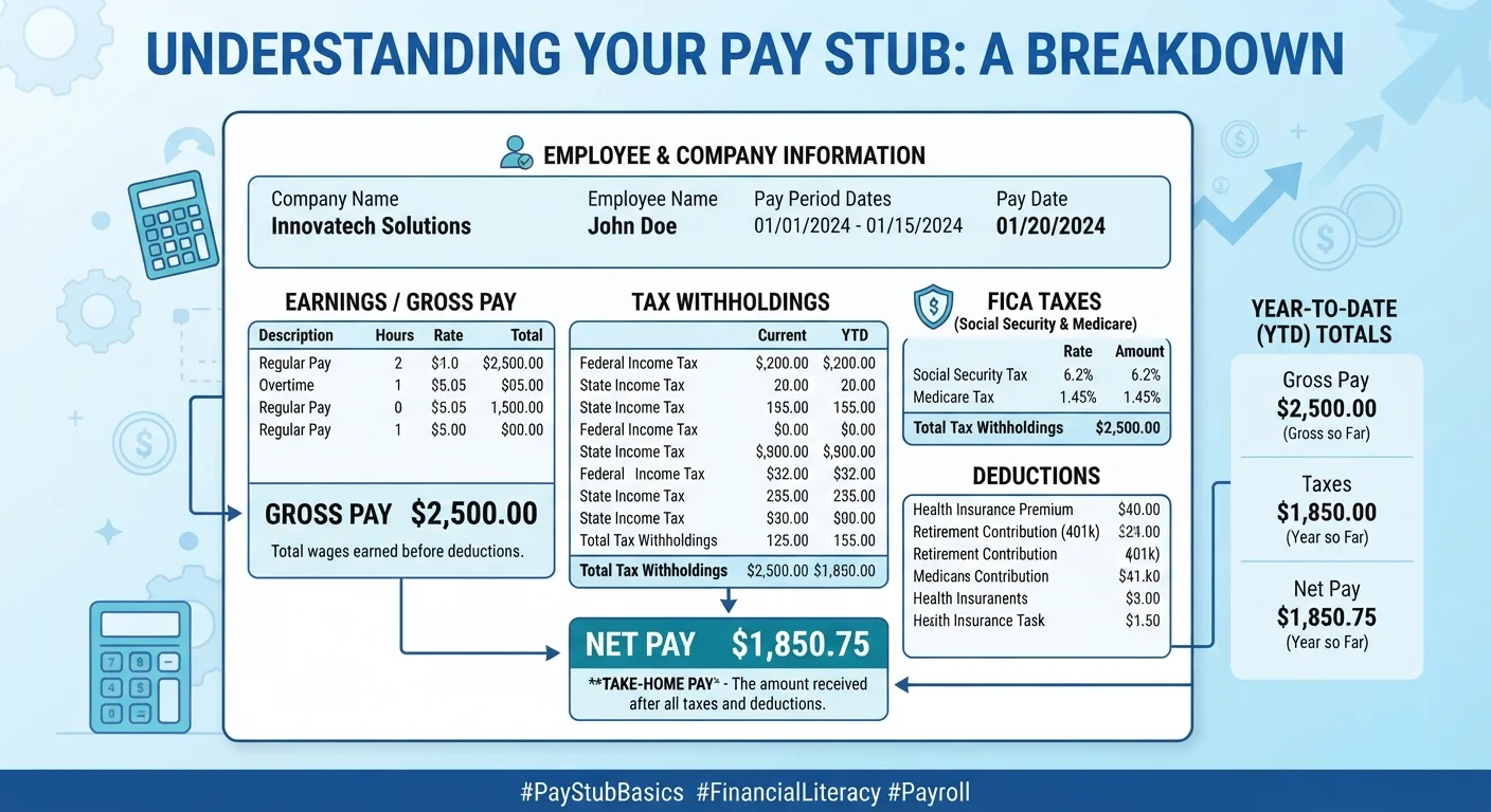 Illustrated pay stub diagram with labeled sections showing gross pay, withholdings, FICA, and net pay