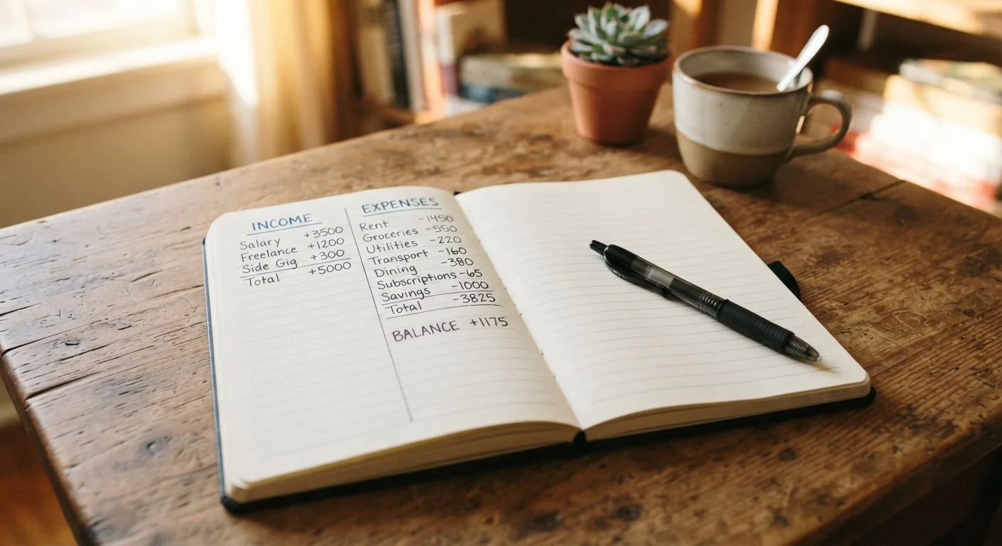 Open notebook showing two hand-written columns for income and expenses on a wooden desk