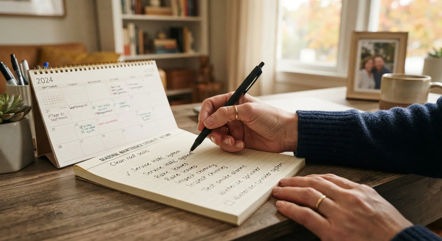 Homeowner writing a seasonal home maintenance checklist at a desk with a calendar nearby