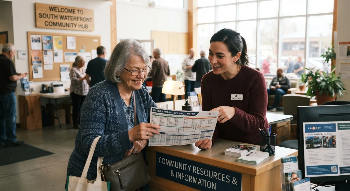 An older adult and a community worker reviewing local transit options together at a resource center