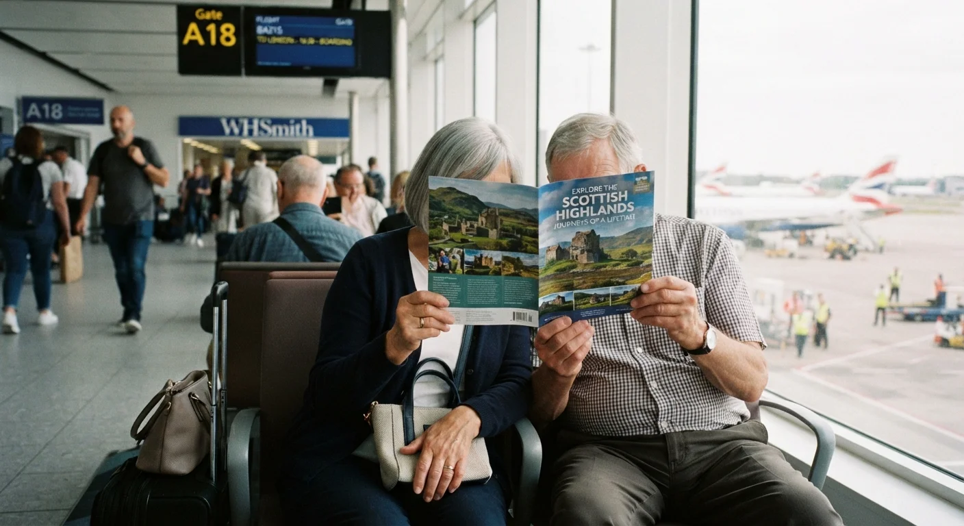 A senior couple consulting a travel brochure at an airport departure lounge while waiting to board