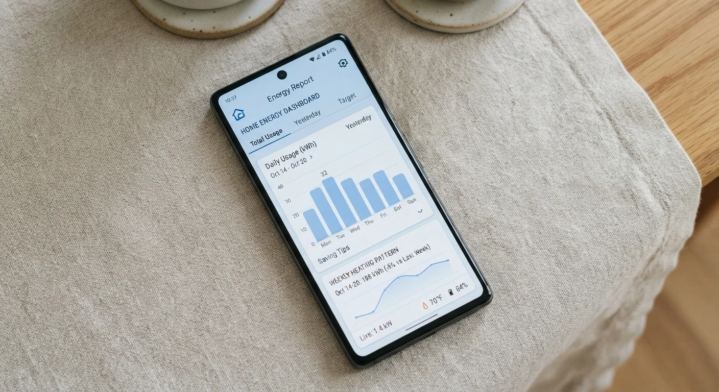 Smartphone displaying a home energy usage dashboard with heating and cooling schedule graphs