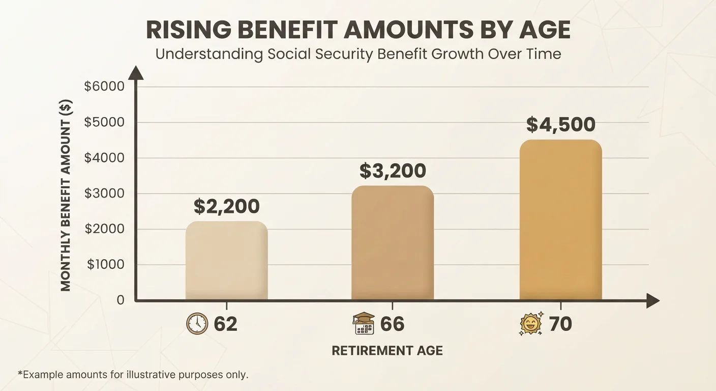 Bar chart illustrating how Social Security monthly benefit amounts increase with claiming age