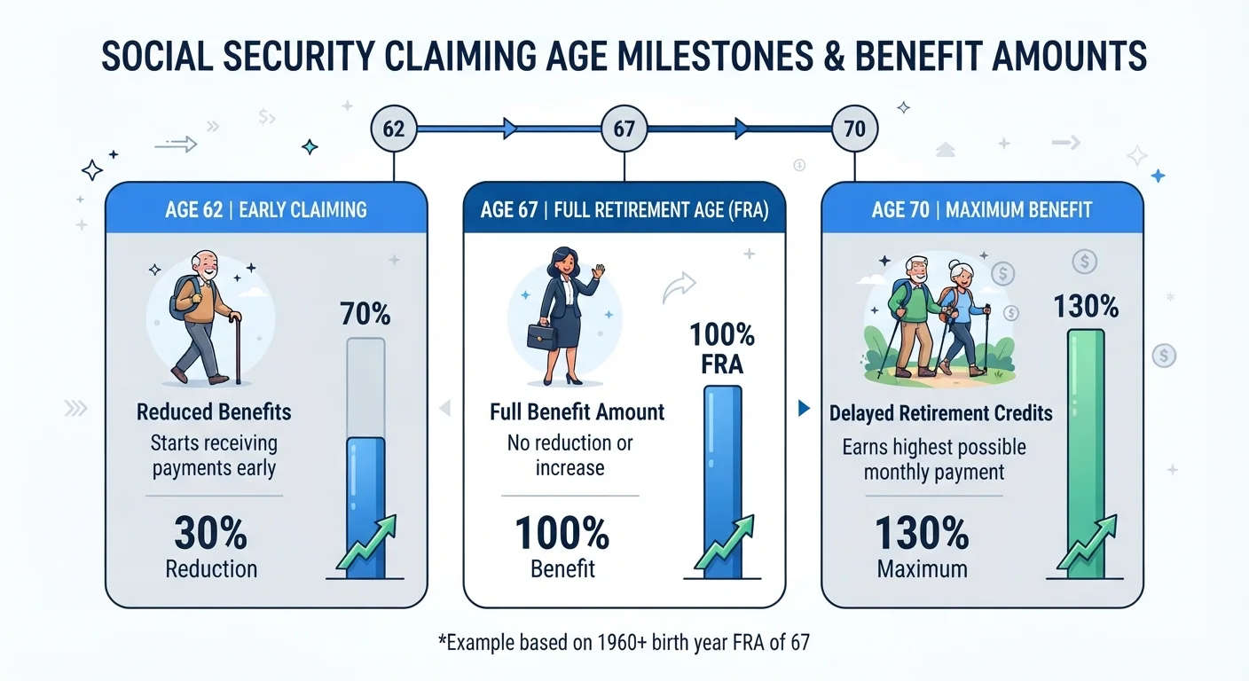 Illustrated chart comparing Social Security benefit amounts at early, full, and delayed retirement ages