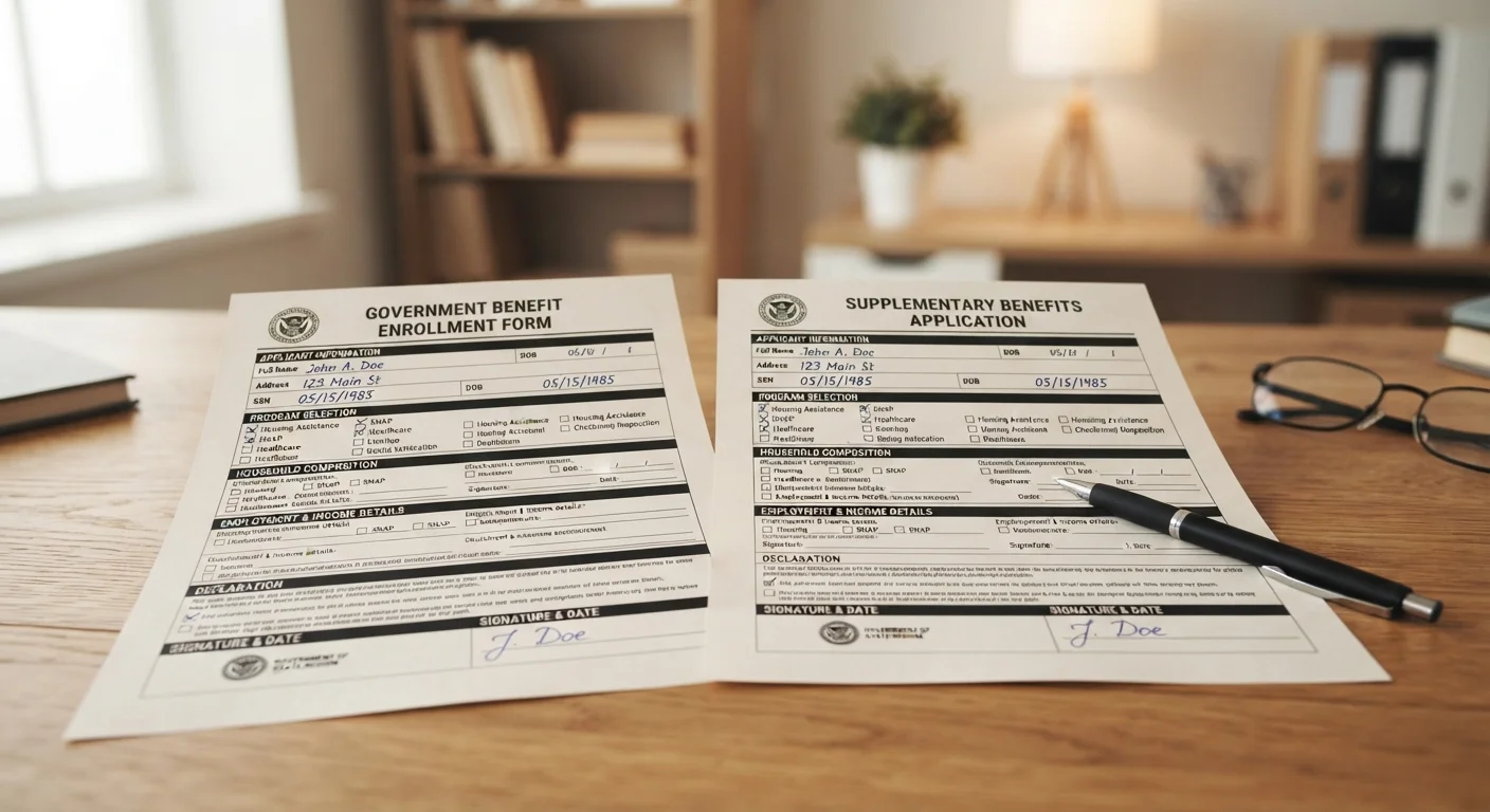 Two government benefit enrollment forms placed side by side on a desk for comparison